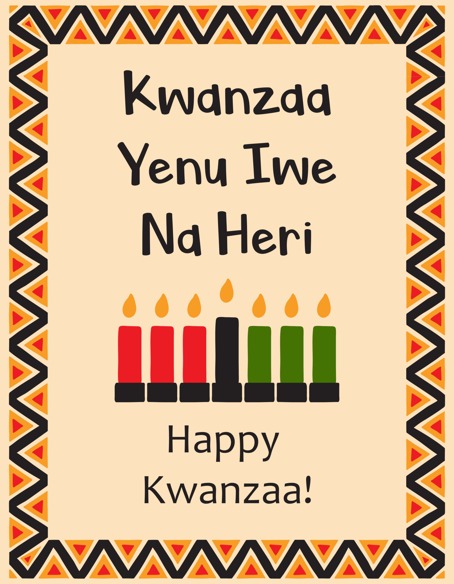 Card with traditional seven candles, symbols of Kwanzaa and Words