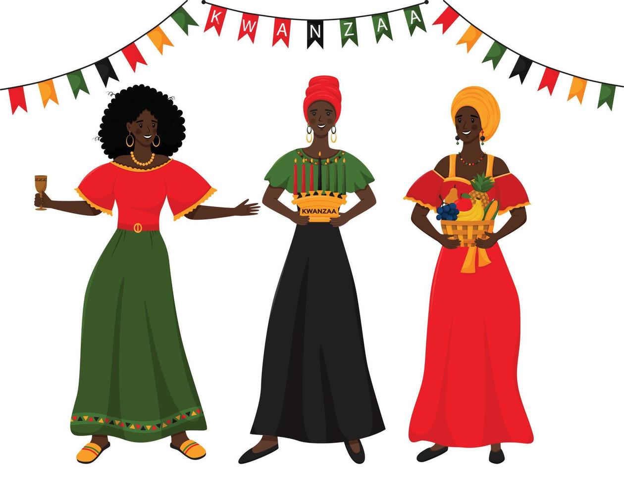 Three young african women holding in their hands traditional symbols of Kwanzaa - Unity Cup - Kikombe Cha Umoja, Basket with fruits - Mazao, Candle holder - Kinara. Vector illustration on white