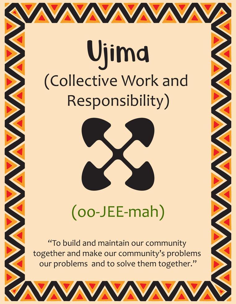 A card with one of the Kwanzaa principles. Symbol Ujiima means Collective work and responsibility in Swahili. Poster with sign and description. Ethnic African pattern in traditional colors. Vector