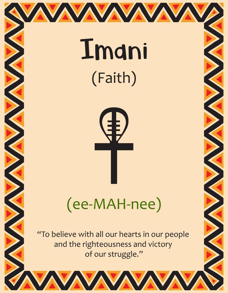 A card with one of the Kwanzaa principles. Symbol Imani means Faith in Swahili. Poster with sign and description. Ethnic African pattern in traditional colors. Vector illustration