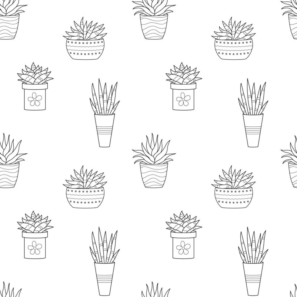 Seamless pattern with hand drawn doodle outline potted cactuses. Home plant, linear succulent. Vector black and white illustration on white background