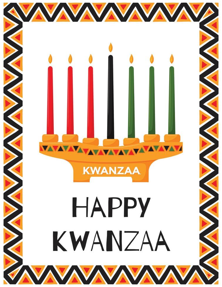 feliz kwanza. tarjeta de felicitación con portavelas tradicional - kinara con 7 velas, que simboliza los principios de kwanzaa. marco con patrones de triángulo africano. ilustración vectorial de color en blanco vector