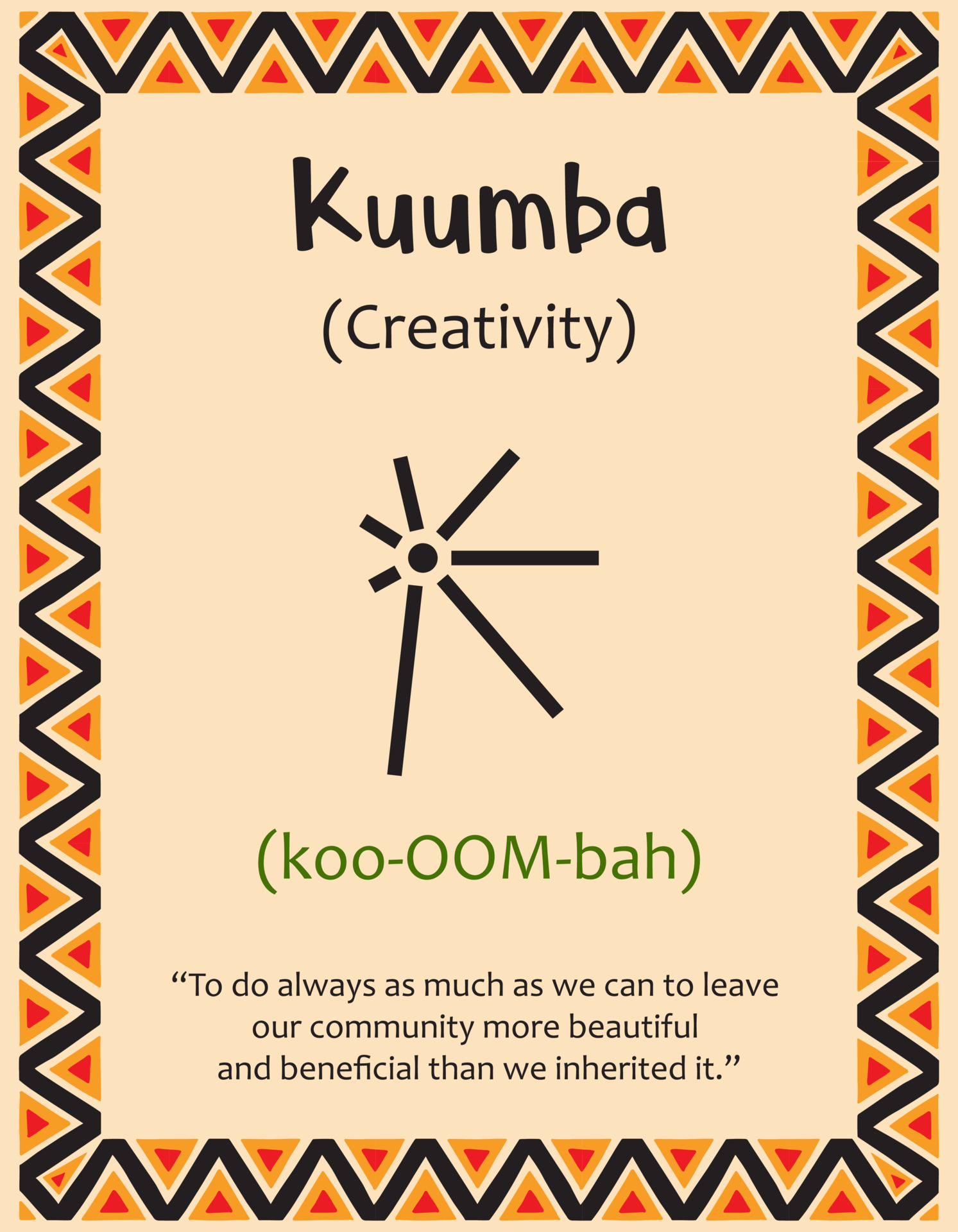 una tarjeta con uno de los principios kwanzaa. símbolo kuumba significa