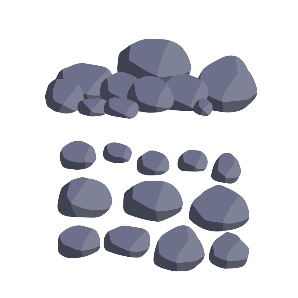 Set of stones. Pile of cobblestones. Gray geological minerals. Heavy wall construction material. Large blocks vector