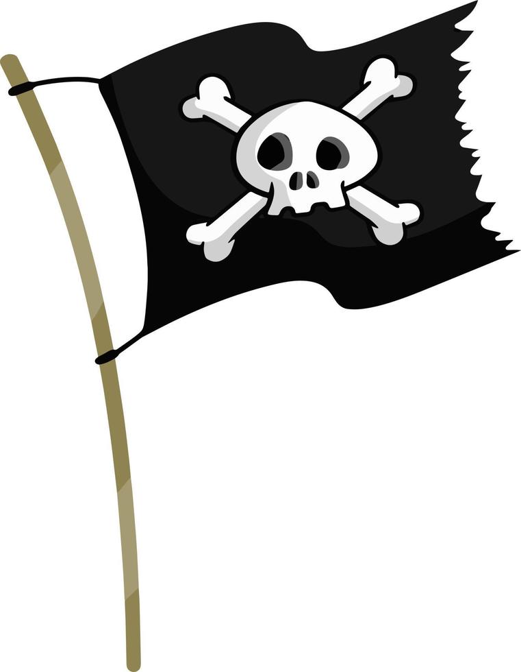 bandera pirata. cráneo y huesos en cinta negra. elemento de la muerte. emblema y símbolo de robo y ladrón. ilustración plana de dibujos animados. bandera pirata vector