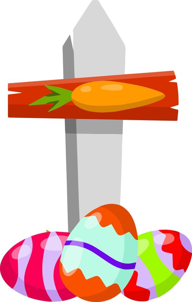 Celebration of Easter. Set of Colored painted eggs and carrot. Christian holiday. Element of child game. Cartoon flat illustration. Plate for finding objects. Sign pointer to route vector