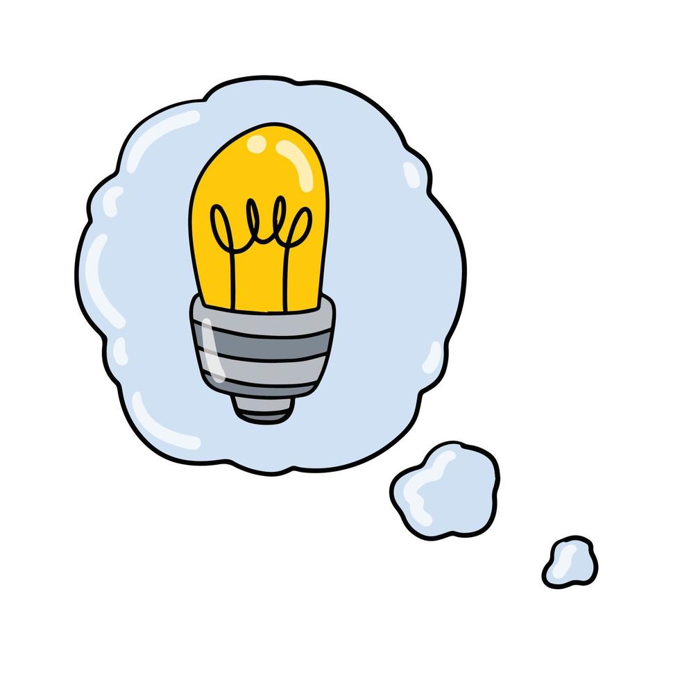 Light bulb. Bubble cloud with thoughts and idea. Mind and electric lamp. Hand drawn doodle illustration vector