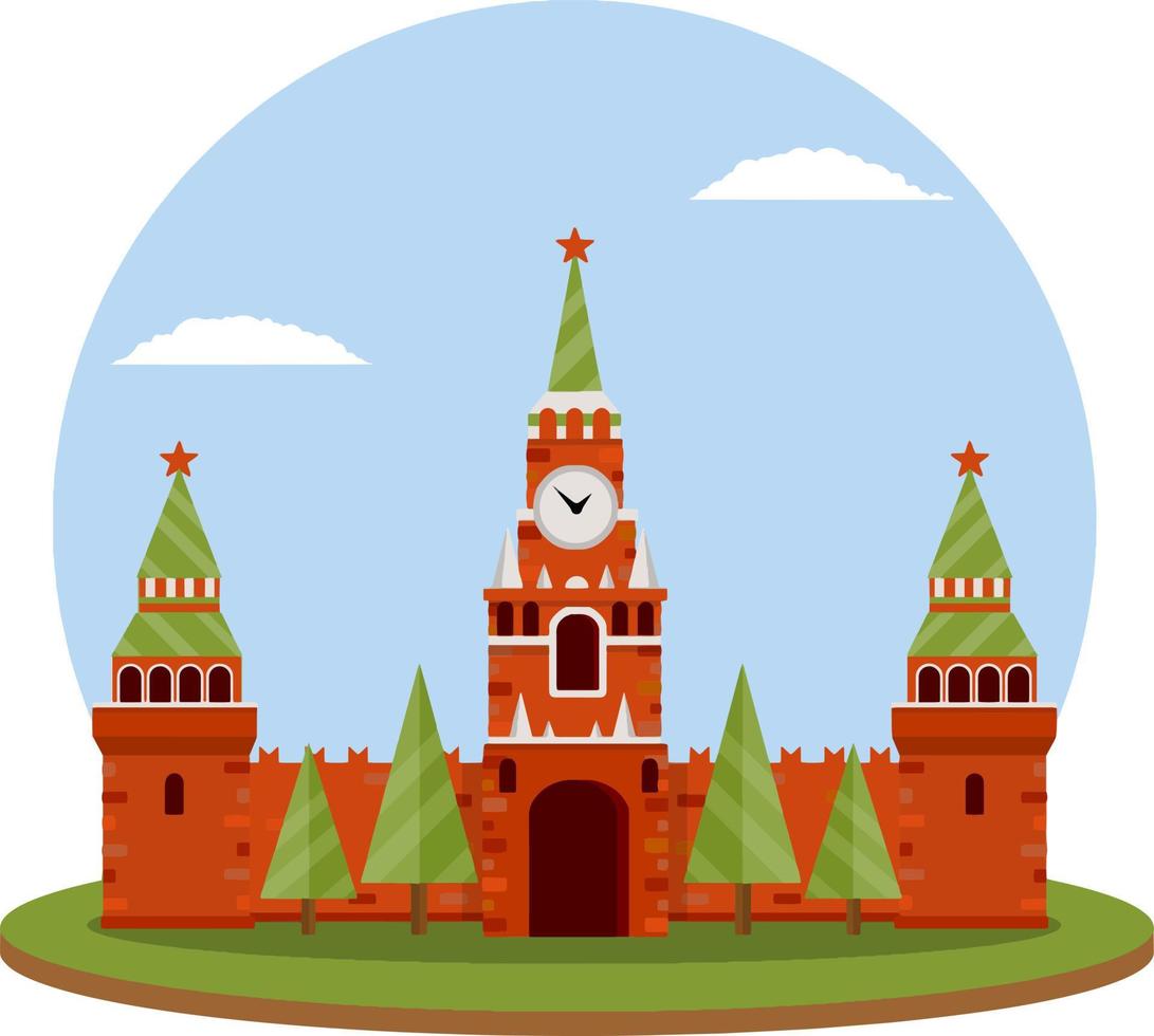 Residence of the Russian President on red square. Moscow's kremlin. Tourist destination for tour to capital. Fortress with a tower and wall. A tourist attraction. Cartoon flat illustration vector