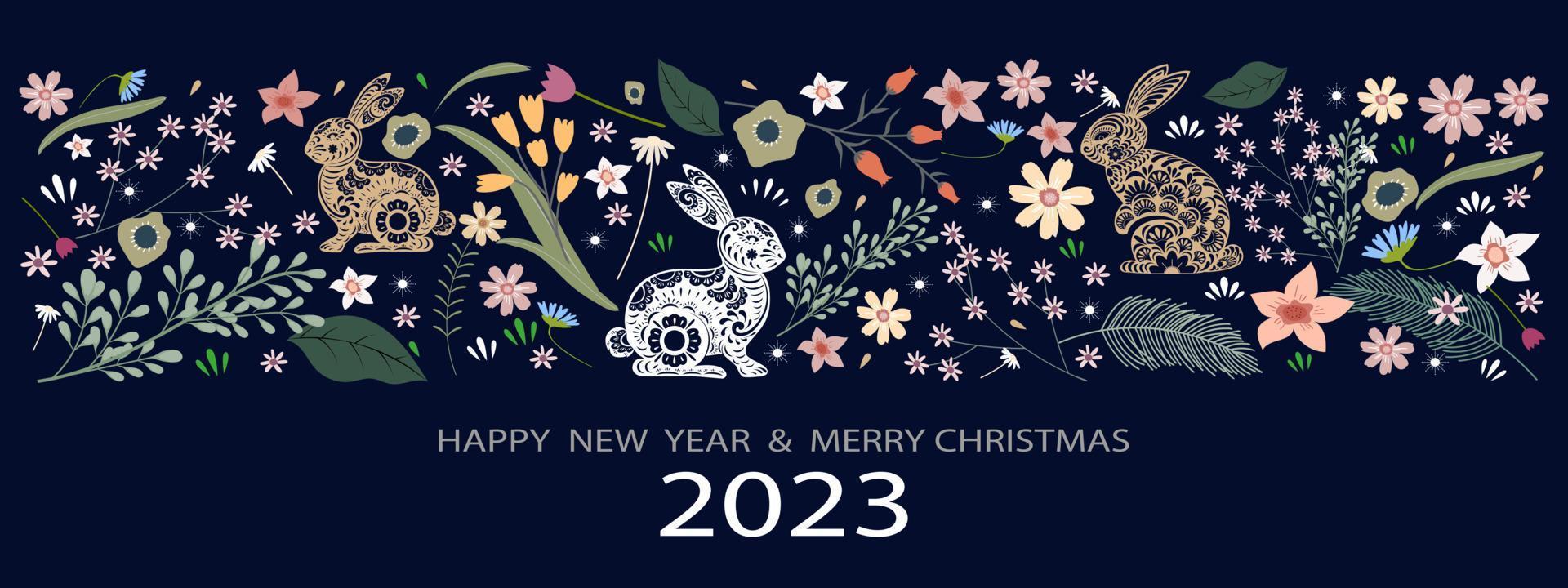 2023 feliz año nuevo y alegre pancarta navideña, hermosa tarjeta de saludo vectorial o telón de fondo para conejos cortados en papel con adorables flores multicolores de primavera y otros elementos sobre fondo azul. vector