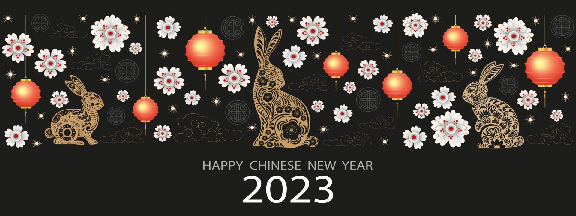 Happy Chinese New Year 2023, Rabbit zodiac sign on black color background. Asian elements with craft rabbit paper cut style. Vector luxury banner for Year of the Rabbit celebration