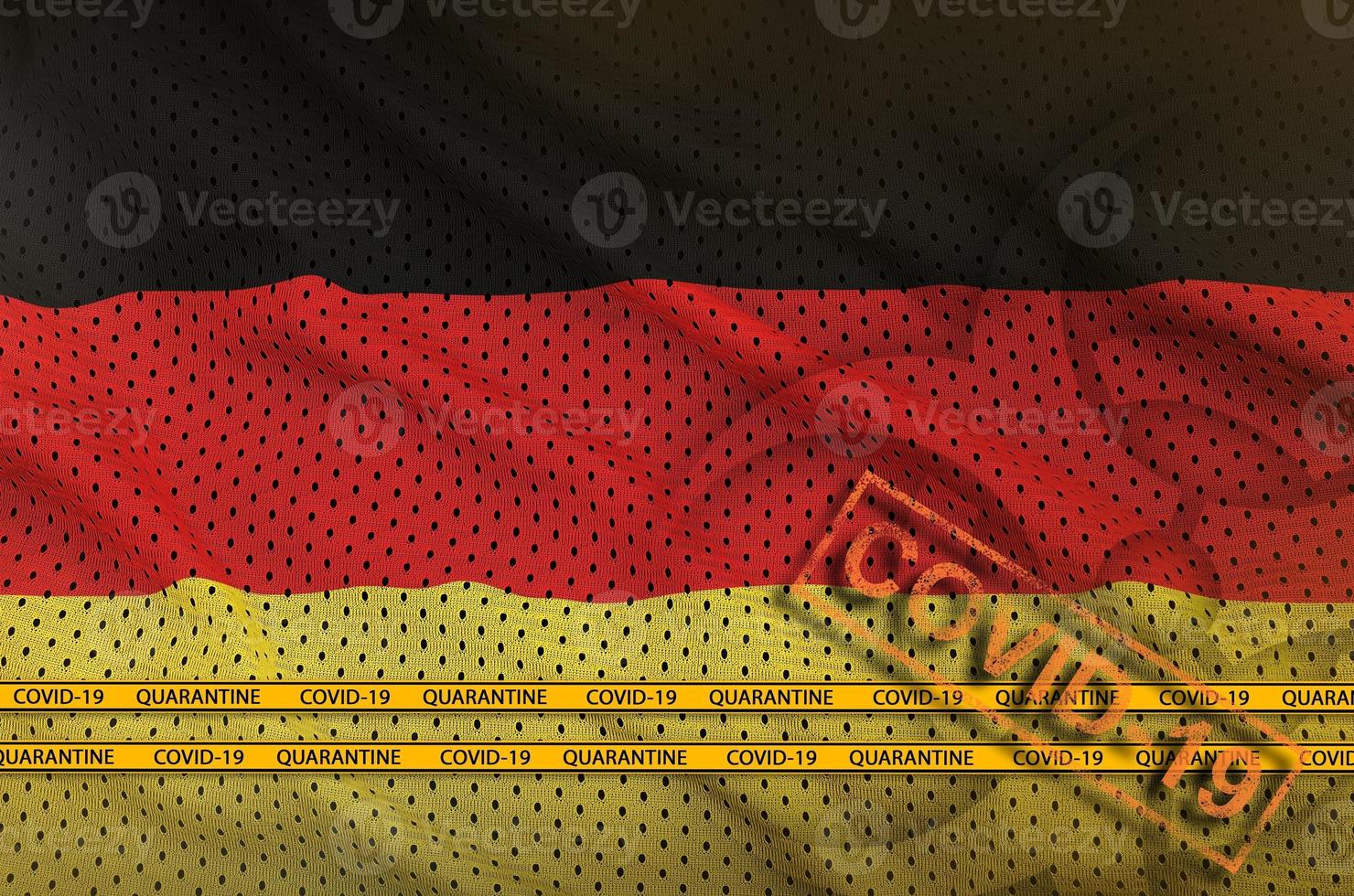 Germany flag and orange Covid-19 stamp with border tape. Coronavirus or 2019-nCov virus concept photo