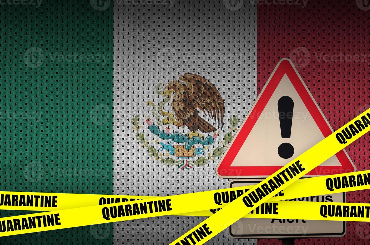 Mexico flag and Covid-19 quarantine yellow tape. Coronavirus or 2019-nCov virus photo