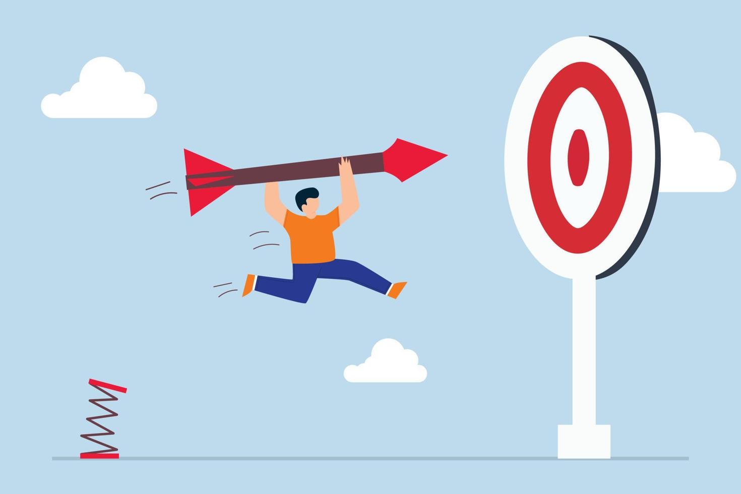 Business target achievement or success and reaching for target and goal concept, businessman leader holding arrow and jumping to target to win in business strategy vector