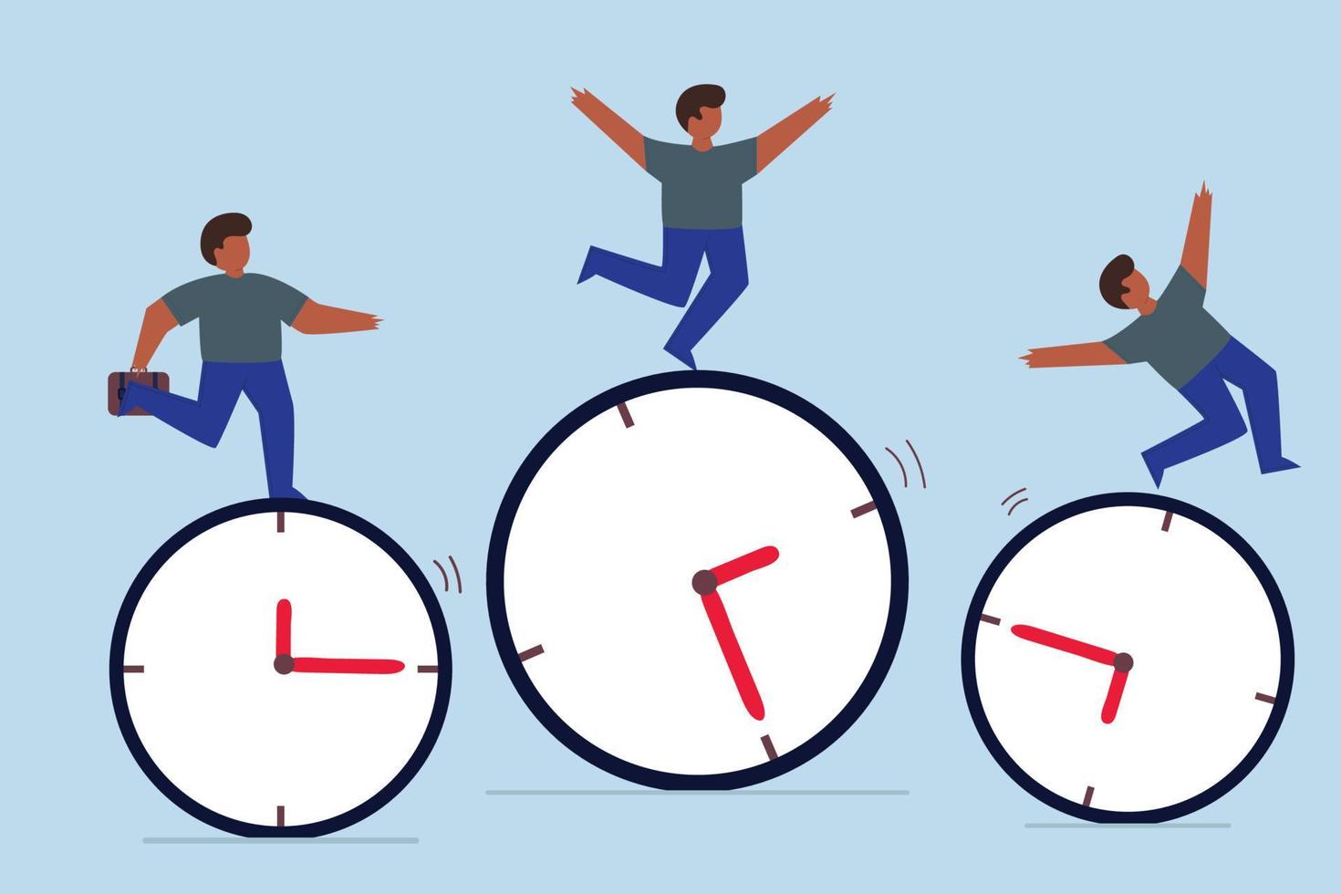 Time management, work schedule and deadline. businessmen riding rolling clock face with confidence skillful man in the middle success manage to reach target vector