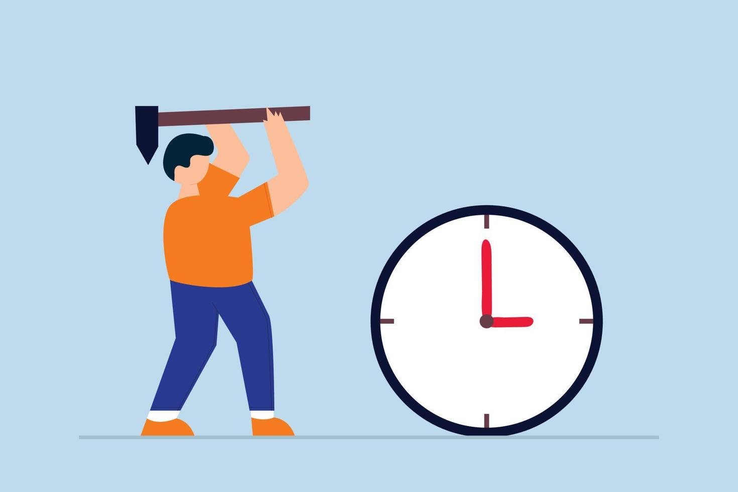 Time management, businessman manager or office worker using hammer to break the clock to manage time for projects deadline. vector