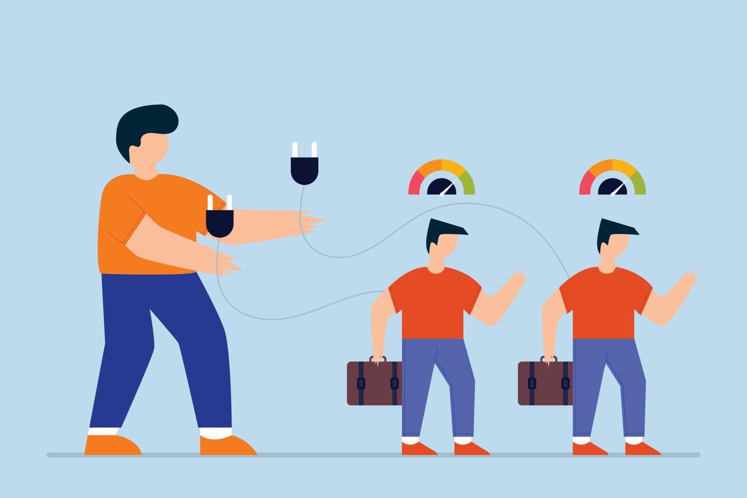 Employee recharge to boost productivity, manager holding huge charging cable ready to charge low battery employees. vector