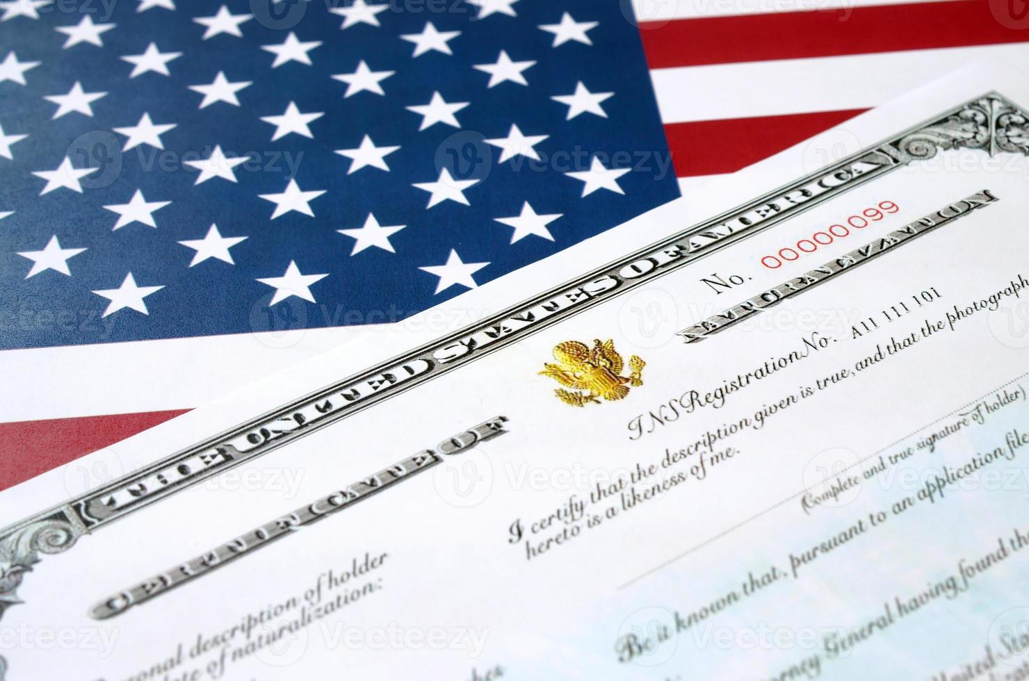 N-550 United States Naturalization Certificate of citizenship on USA flag photo