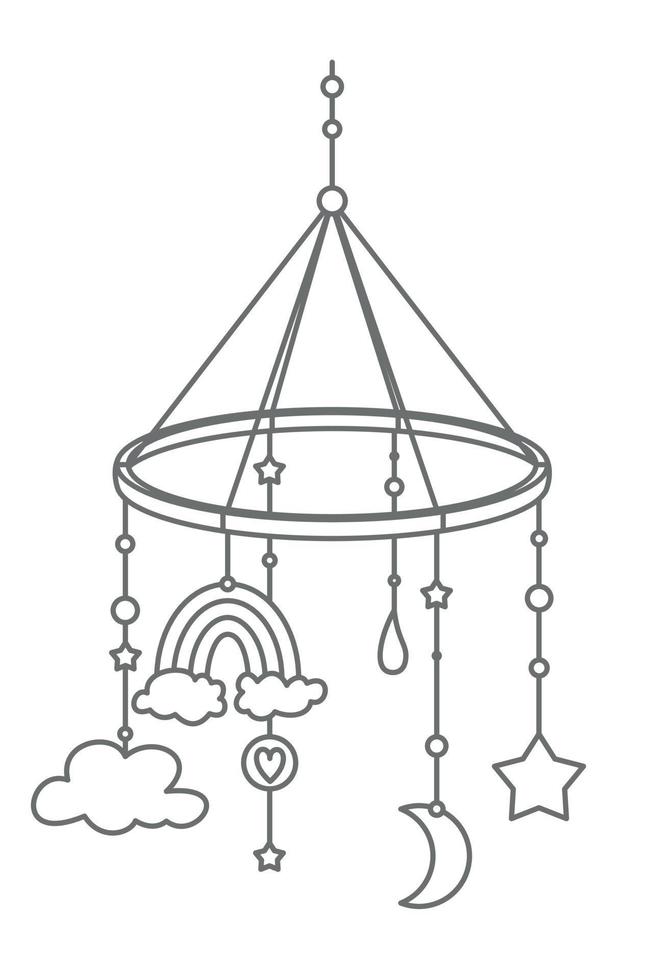 Hanging Mobile baby Toy. Vector illustration for kid bed. Drawing for newborn shower. Object with clouds, stars and moon for happy childhood. Cute sketch in outline style on isolated background