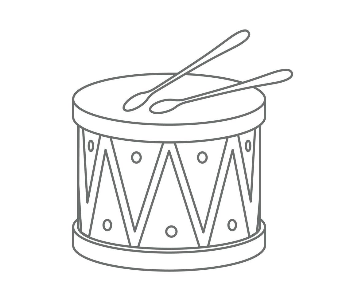 Drum with sticks Baby Toy. Vector illustration of Snare in white and black colors on isolated background for coloring book. Drawing of vintage wooden acoustic instrument in outline style for child.