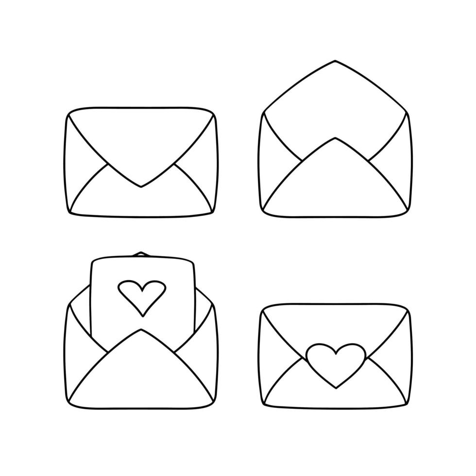 Monochrome icon set, romantic vintage envelope, letter for declaration of love, vector illustration in cartoon style on white background