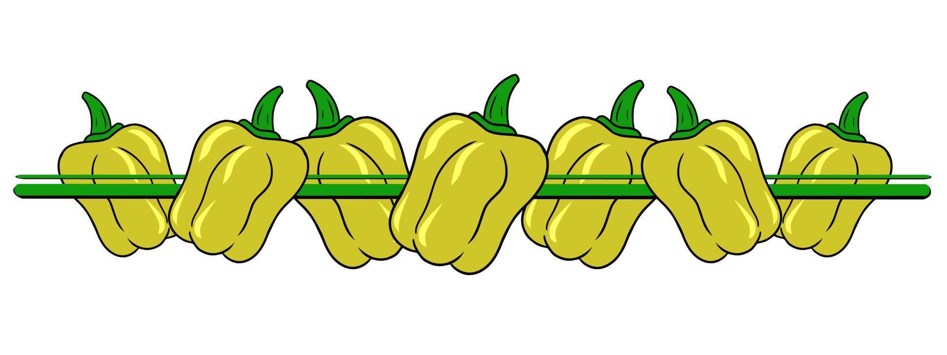 Horizontal border, edge, bright yellow ripe vegetables, pepper, vector illustration in cartoon style
