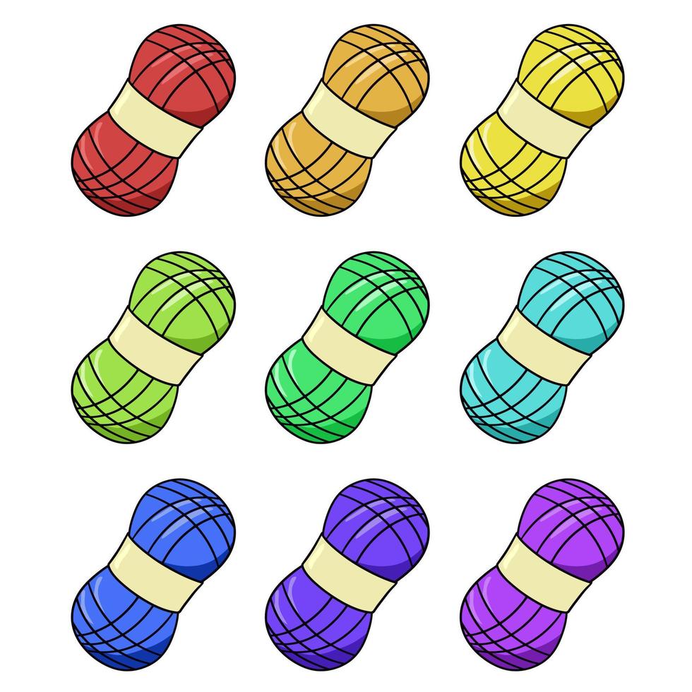un conjunto de iconos de colores, una gran madeja de hilo para tejer, ilustración vectorial en estilo de dibujos animados sobre un fondo blanco vector