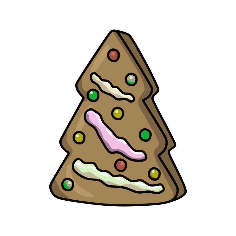 pan de jengibre festivo, galletas con glaseado de azúcar de colores en forma de árbol de navidad. ilustración vectorial en estilo de dibujos animados sobre un fondo blanco vector