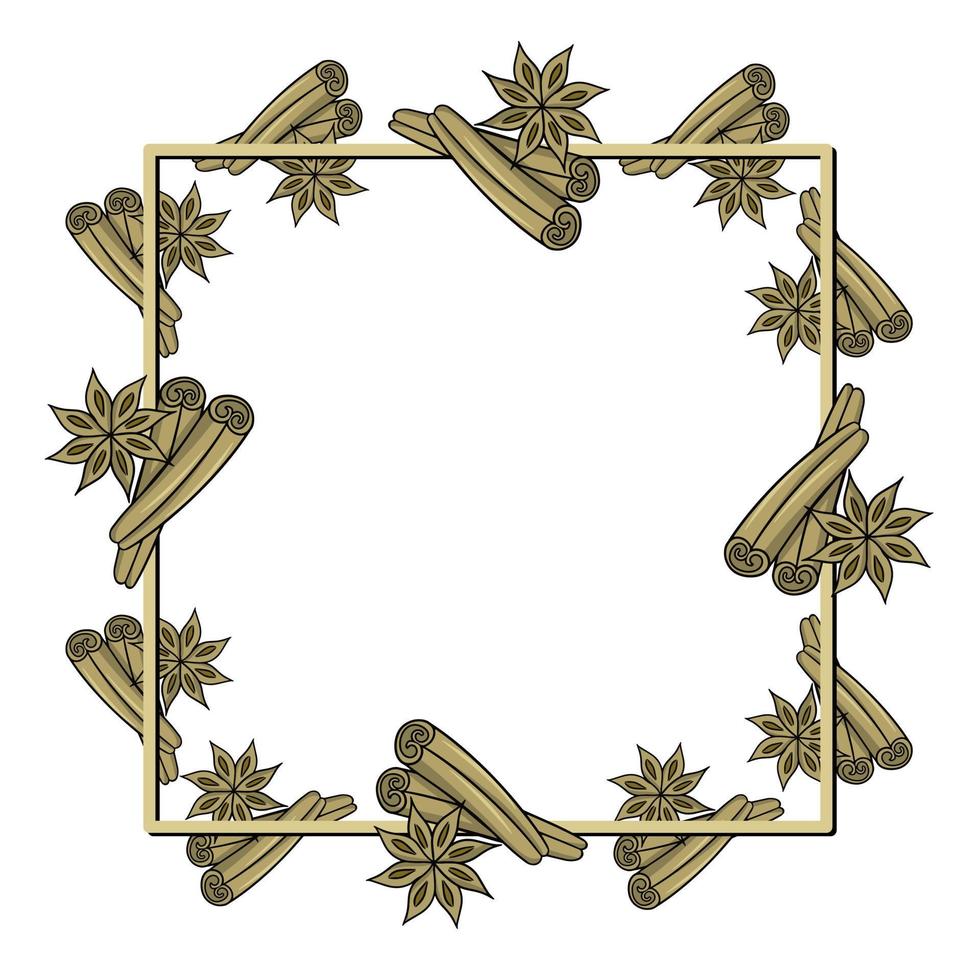 Square frame, Cinnamon stick and star anise spices, copy space, vector cartoon illustration on white background