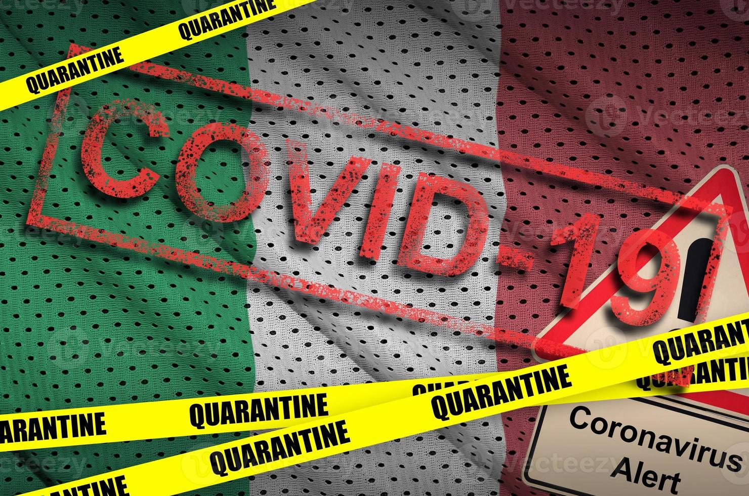 Italy flag and Covid-19 quarantine yellow tape with red stamp. Coronavirus or 2019-nCov virus photo