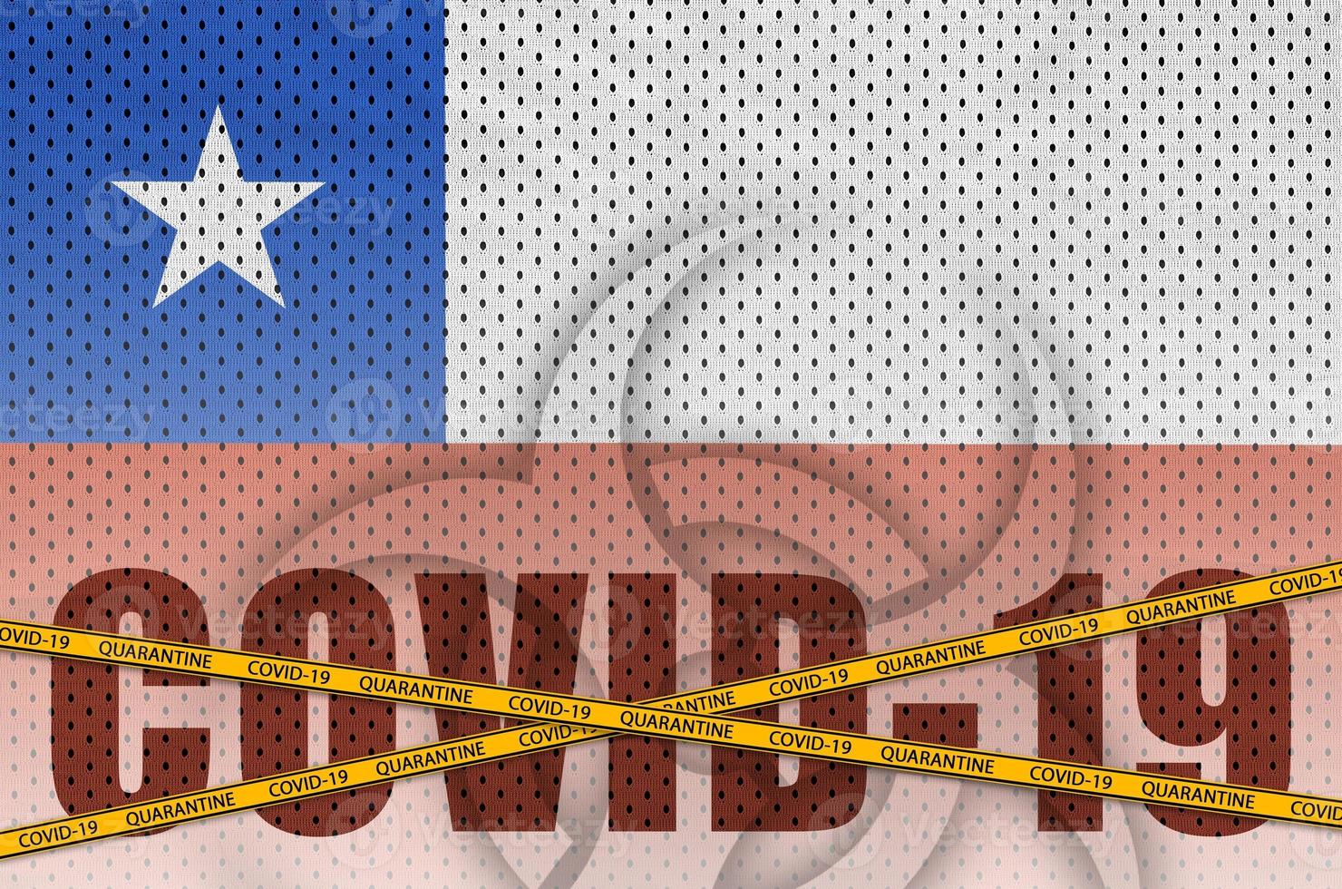 Chile flag and Covid-19 inscription with orange quarantine border tape. Coronavirus or 2019-nCov virus concept photo