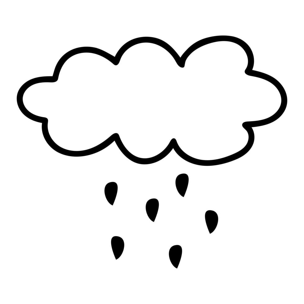 linda nube de garabatos con gotas de lluvia. icono de contorno dibujado a mano. contorno blanco y negro. vector