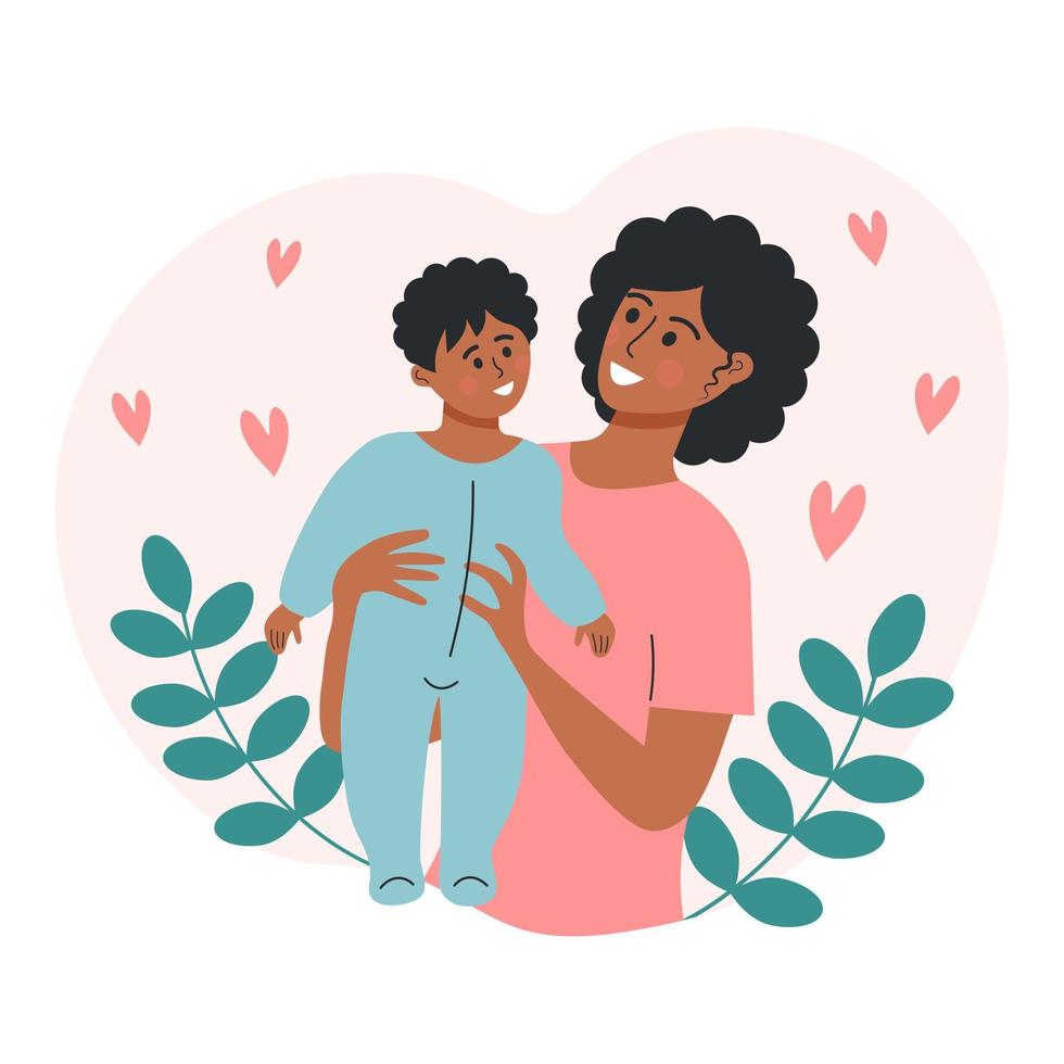 mujer afroamericana con un niño. madre con hijo, ramitas y corazones alrededor. concepto de maternidad, licencia de maternidad, cuidado del bebé, día de la madre, familia feliz o madre soltera. vector