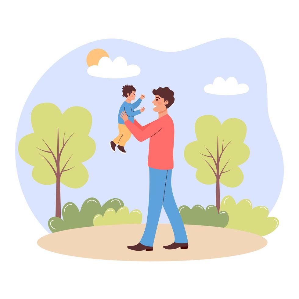 Man holding baby boy. Happy father walking with his baby son in the park. Fatherhood, fathers day, baby care, parenting, outdoor recreation, happy family or single father concept. vector