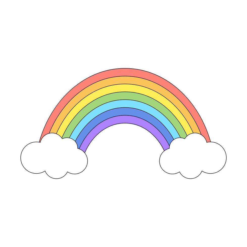 Colorful rainbow and clouds with black outline. Design for stickers, cards, posters, t-shirts, invitations, baby shower, birthday, room decor. vector