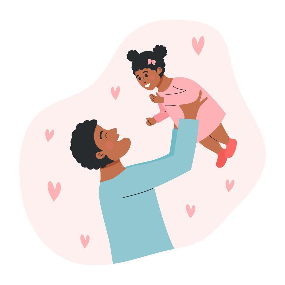 hombre afroamericano sosteniendo a una niña. padre feliz jugando con su hija. paternidad, día del padre, cuidado del bebé, crianza de los hijos, familia feliz o concepto de padre soltero. vector