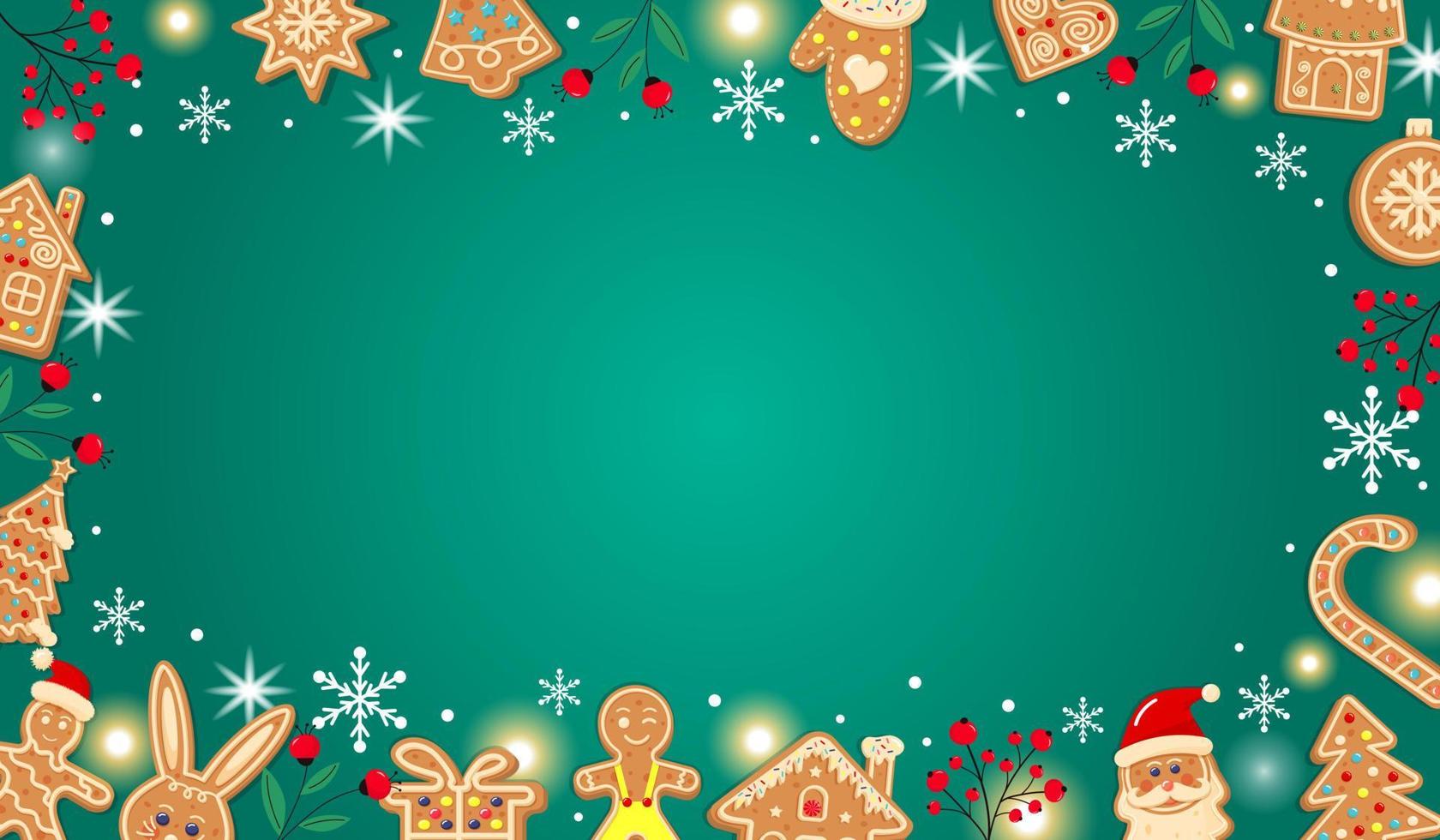 Horizontal green Christmas gingerbread background. Xmas design with cookies, winter berries, snowflakes, snow and lights. Empty space for your text. Template for cards, banner, poster, invitation. vector