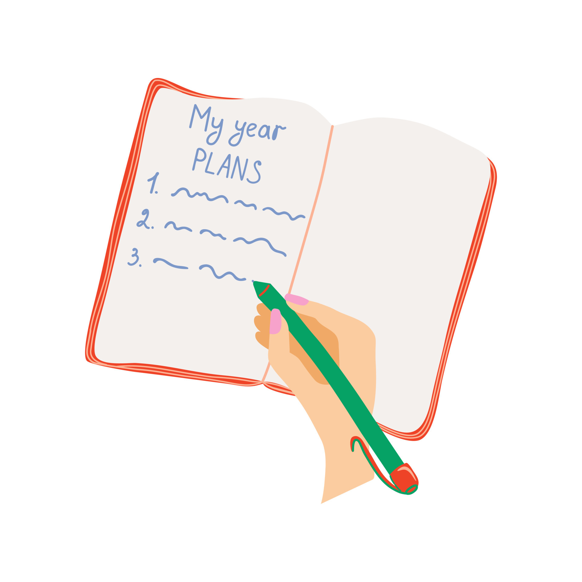 Hand with pen is writing plans in notebook. Woman taking notes in