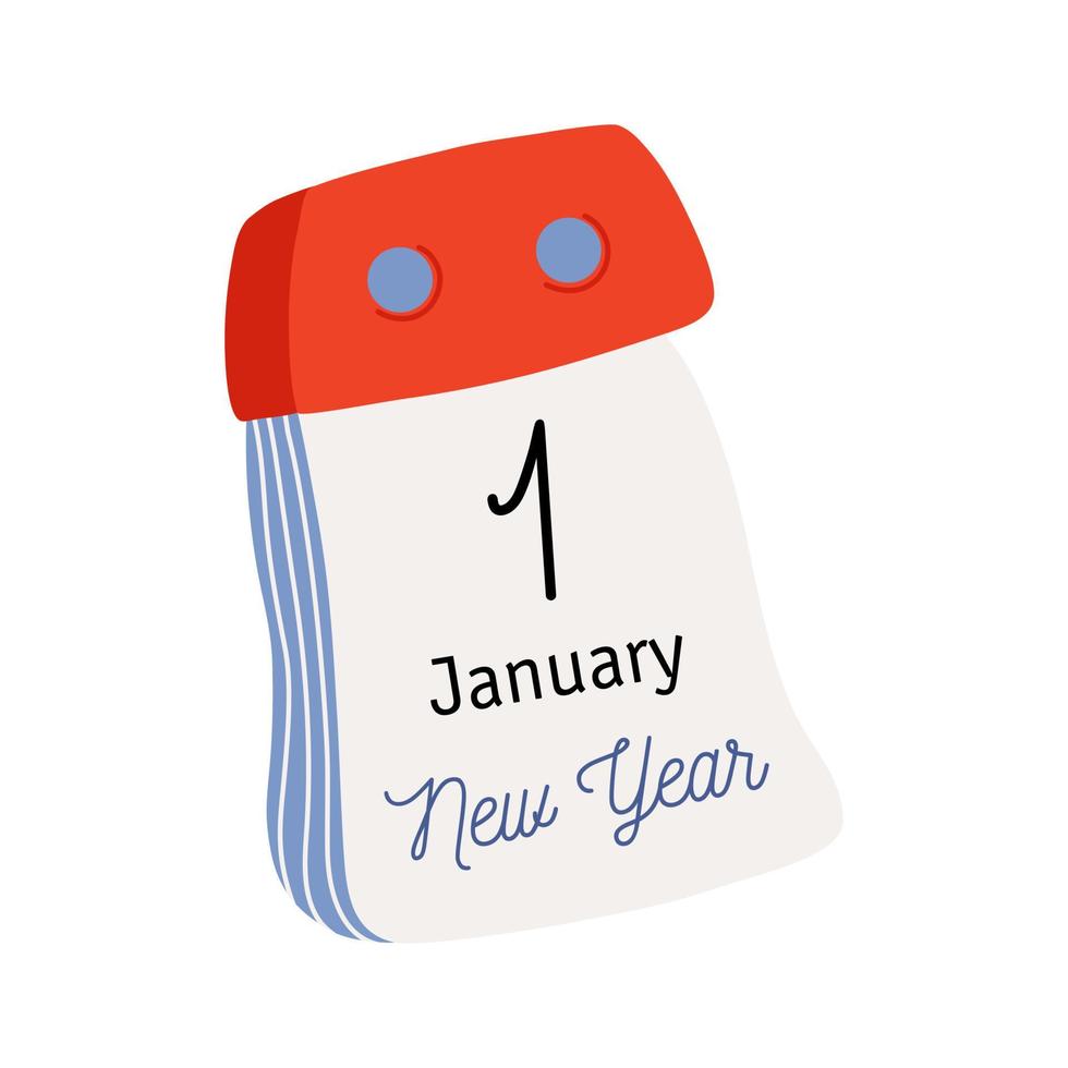 Tear-off calendar. Calendar page with New Year date. January 1. Flat style hand drawn vector icon.