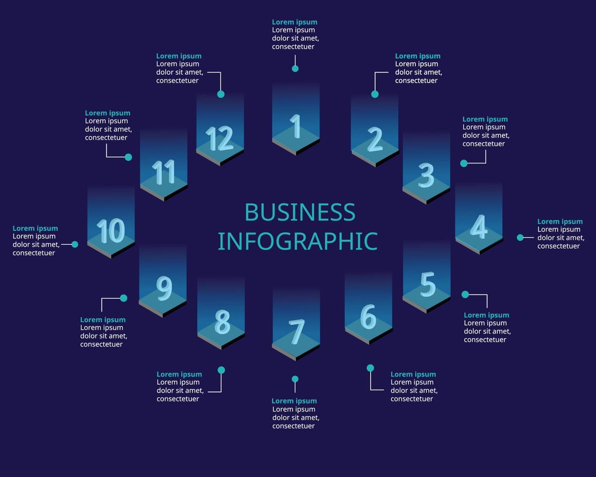 plantilla de gráfico de número de paso para infografía para presentación de 12 elementos con luz azul vector