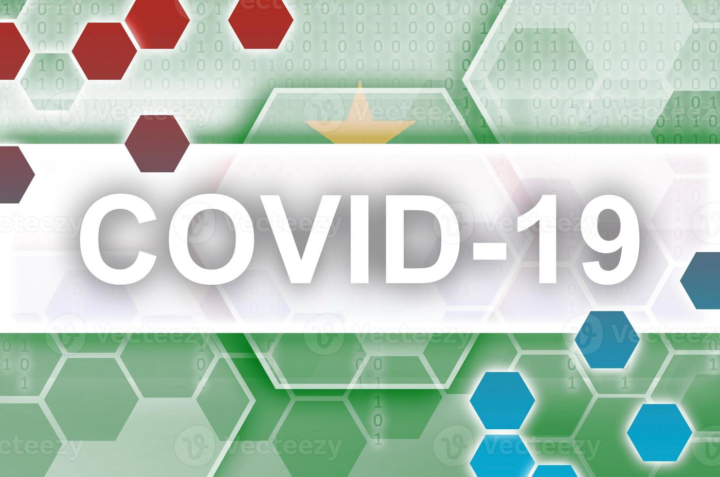Mauritania flag and futuristic digital abstract composition with Covid-19 inscription. Coronavirus outbreak concept photo