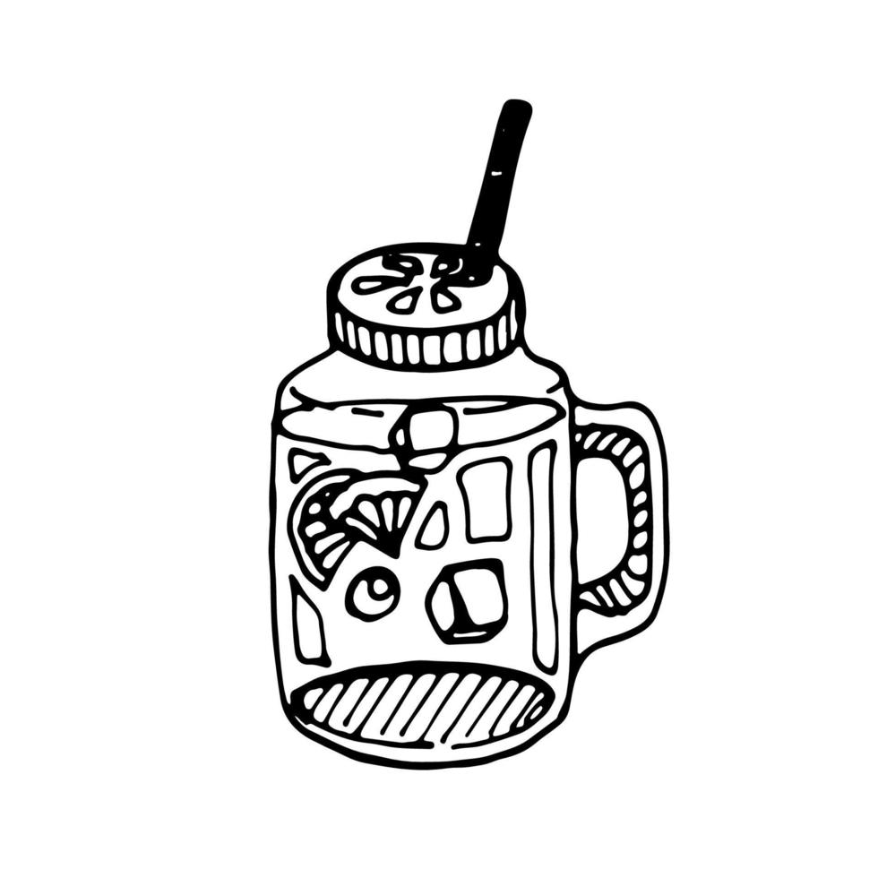 Drink dishes jar for lemonade with tube. Line art hand drawn illustration. Black vector sketch isolated on white.