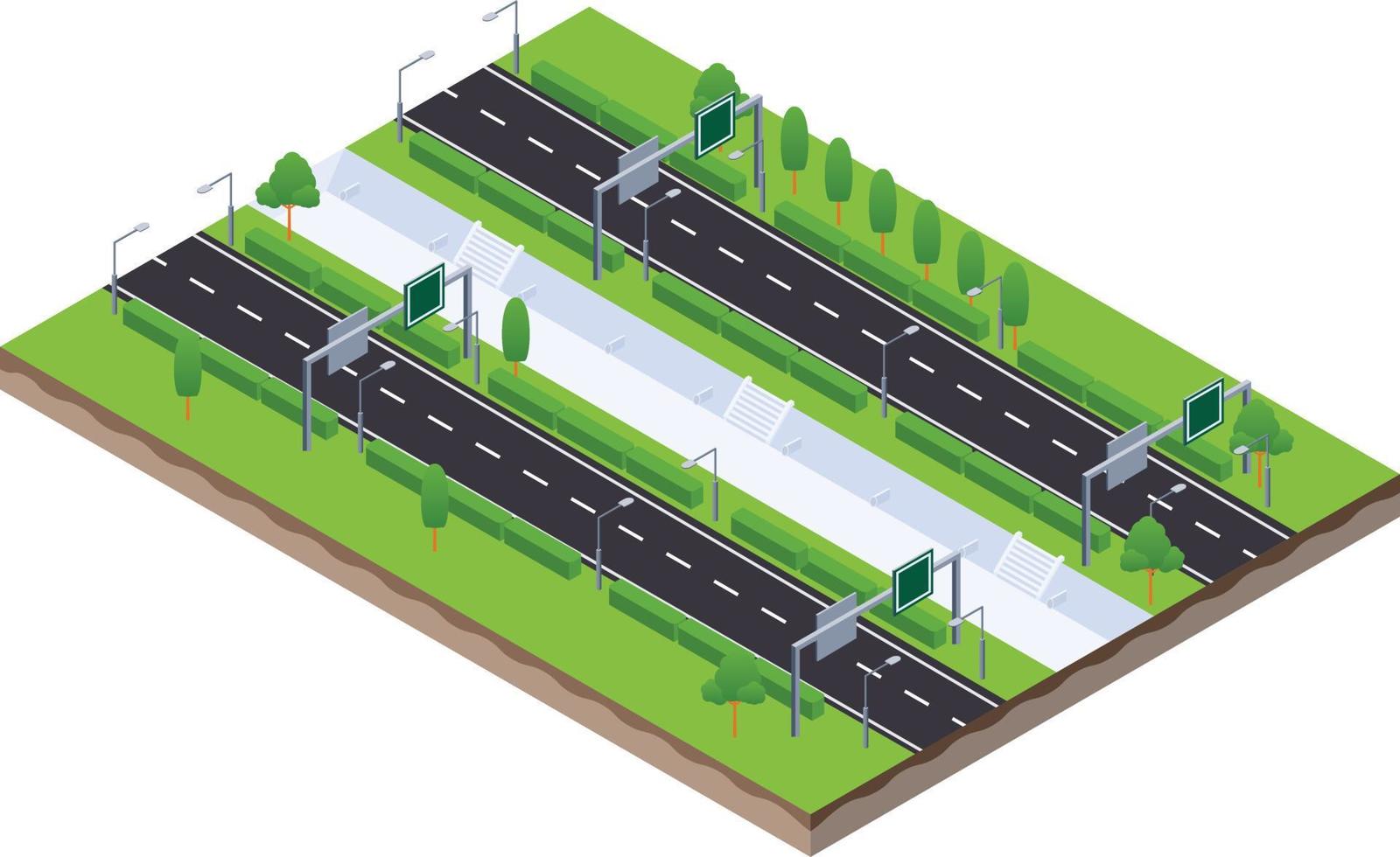 isometric scene of highway road with sign and spotlight lamp vector