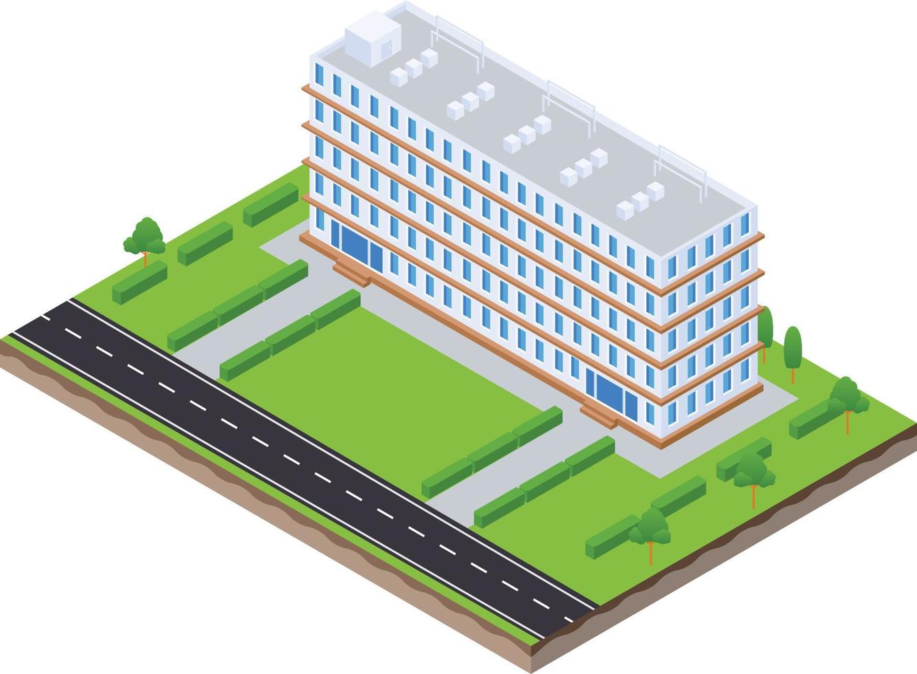 isometric scene of office apartment city building and road vector