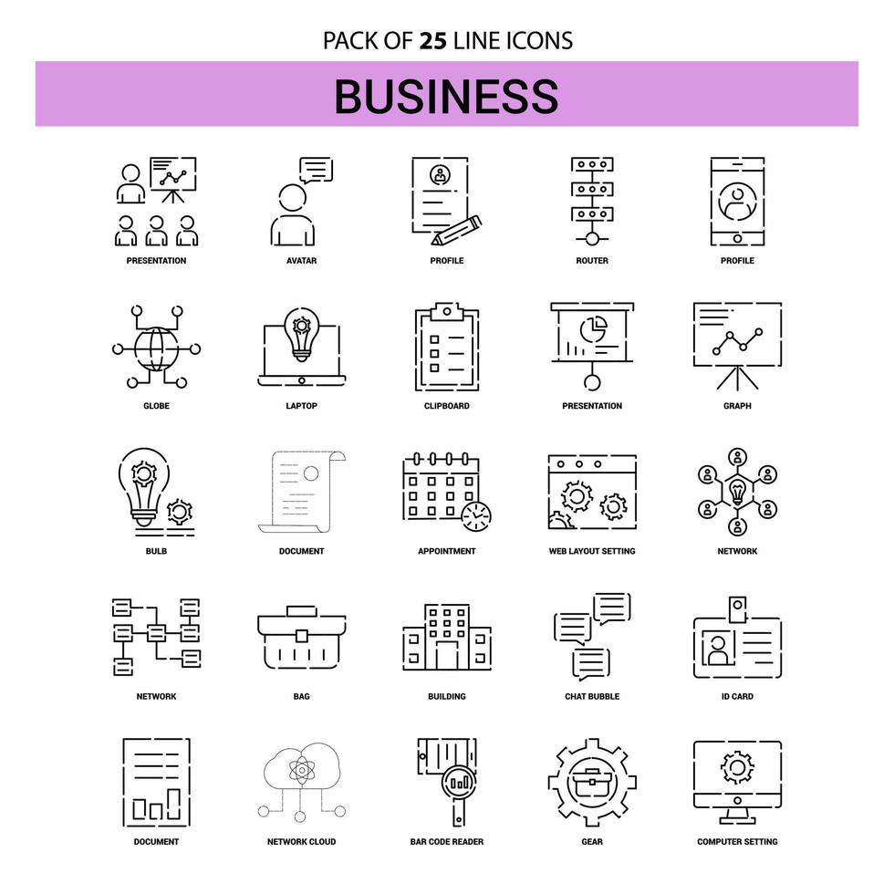 conjunto de iconos de línea de negocio 25 estilo de contorno discontinuo vector
