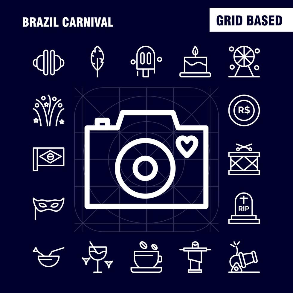 Brazil Carnival Line Icon Pack For Designers And Developers Icons Of Tea Cup Coffee Tablet Currency Coin Money Cannon Vector