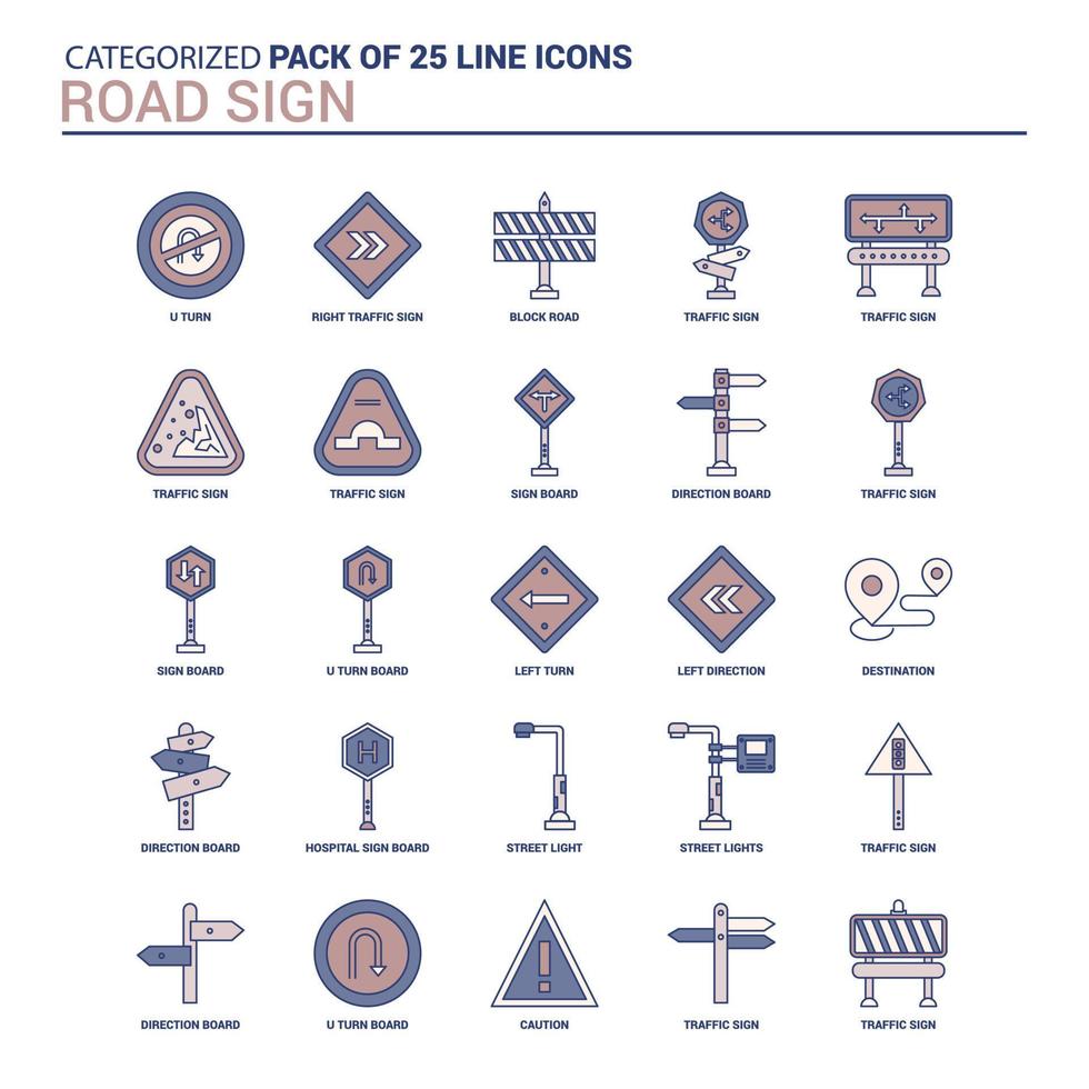 Vintage Road Sign Icon set 25 Flat Line icon set vector