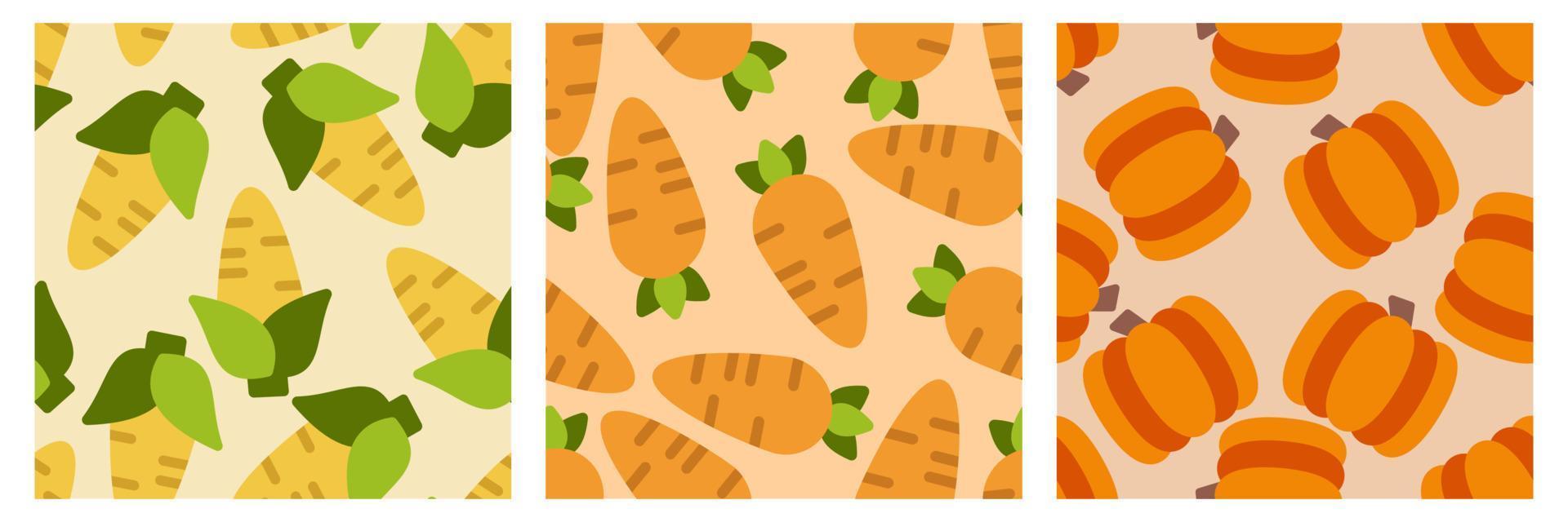 Vegetable seamless pattern set. Carrot, corn and pumpkin. Design elements for baby textile or clothes. Food print for curtain. Vector illustration