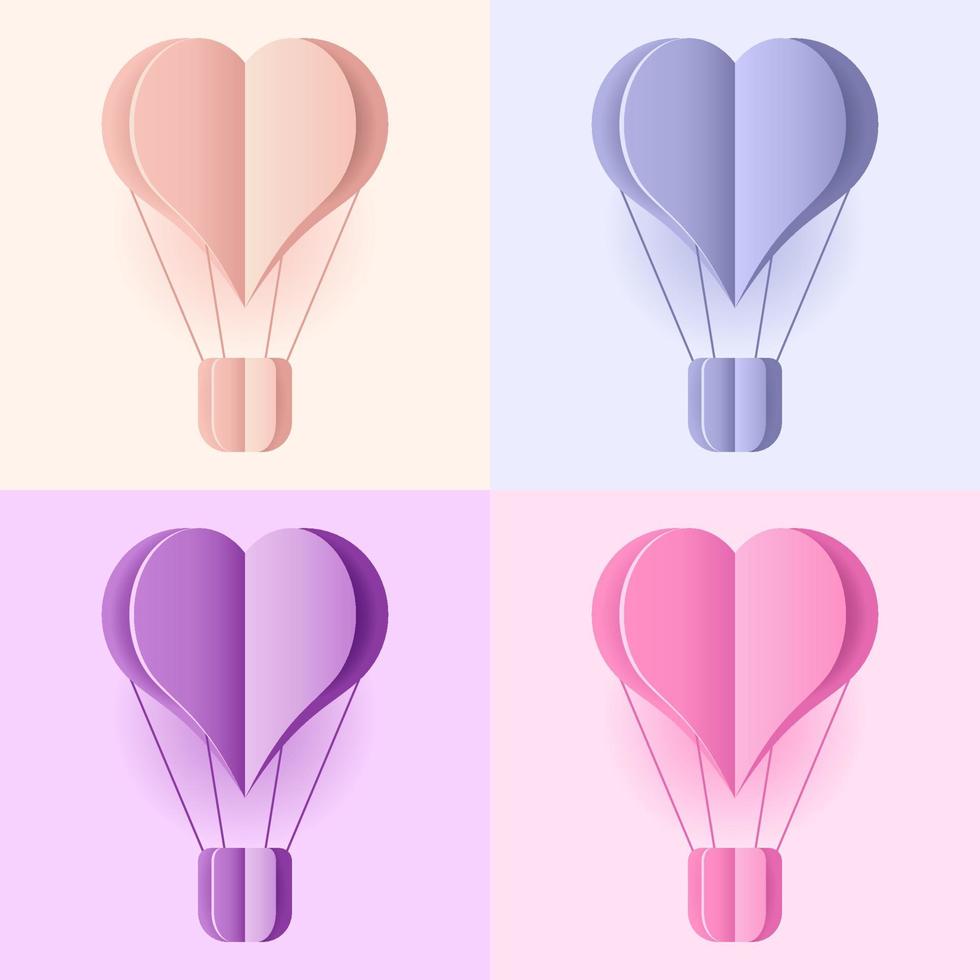 Set of paper art of balloon. Paper art style of colorful hot air balloons. Love in paper cut style. Vector illustration