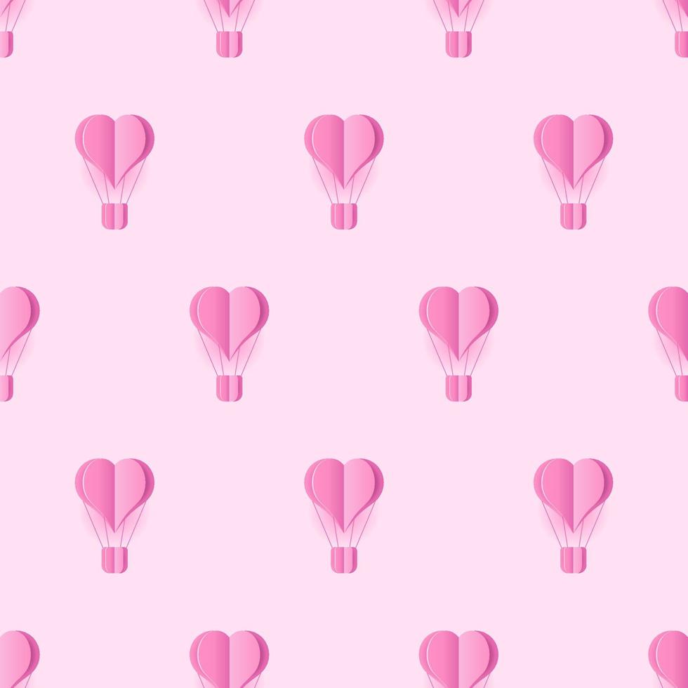 Seamless pattern with heart hot air balloon paper art style. Pattern graphic style. Cut paper effect. Vector illustration