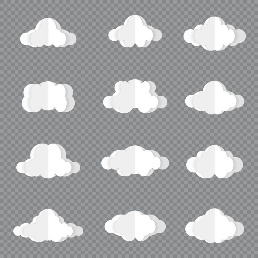 Different clouds on blue sky in origami design. Collection of white paper cut out cloud icons. Paper cloud. Weather symbols. Vector illustration